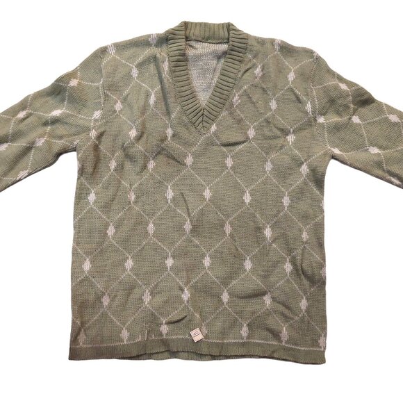 Vintage 1940s-1950s Olive Pea Green Beige Woven Print LS Knit V-Neck Sweater - Picture 3 of 8